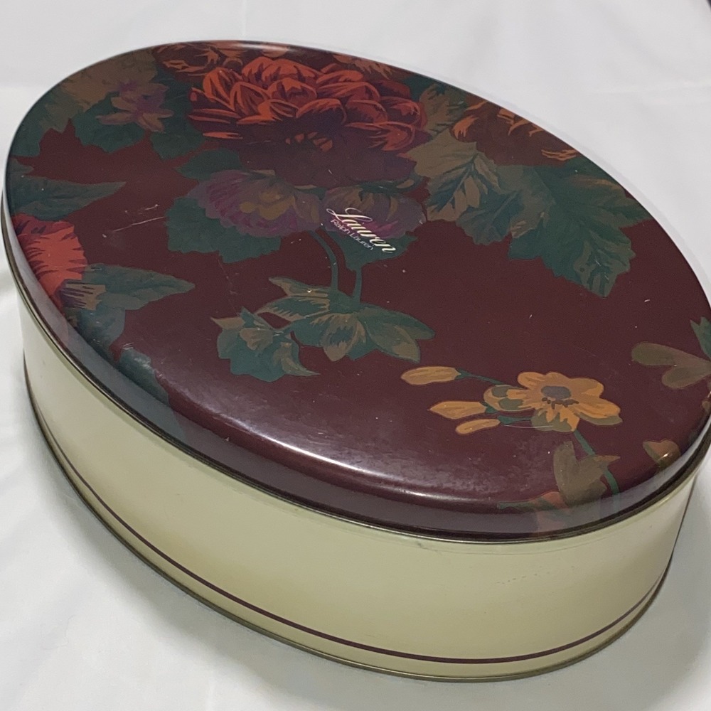 Vintage very Rare Lauren Ralph Lauren Oval Tin Burgundy Flowers Unique Pretty